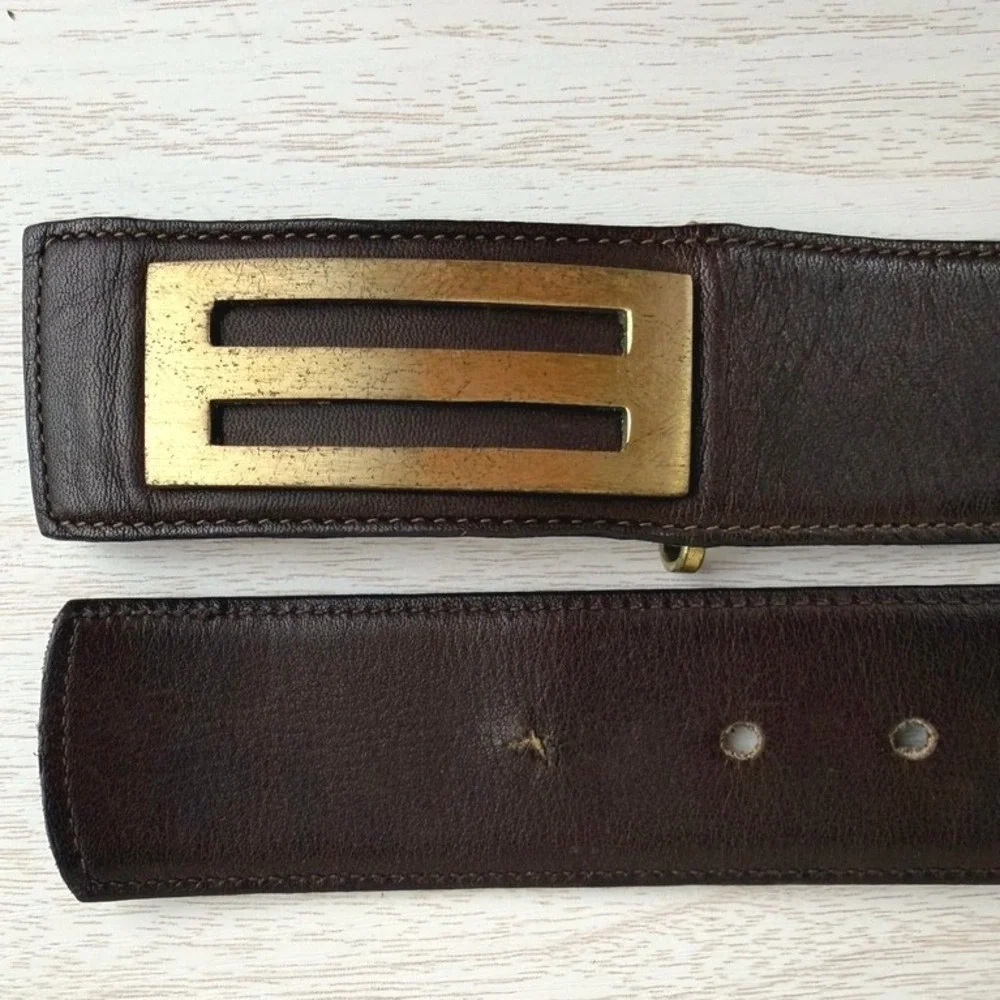 Vintage CHRISTIAN DIOR Brown Leather Belt Mens (30) Brass Buckle‎ Italy Classic